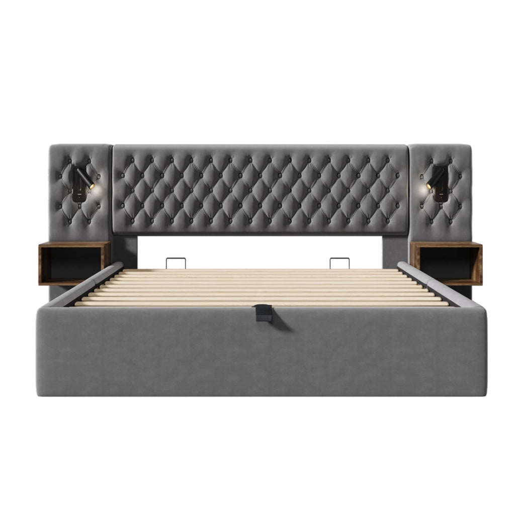Letti contenitori 180x200 cm con 2 comodini e luci lettura; velluto grigio (Senza materasso)