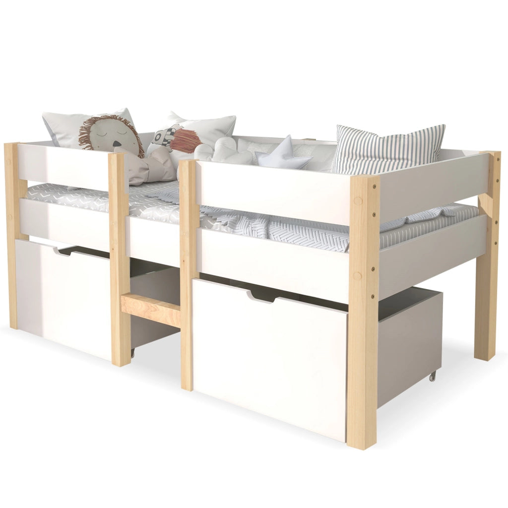 Letto bambino con cassetto e protezione anticasco in legno massello di pino bianco e rovere 90x190 cm