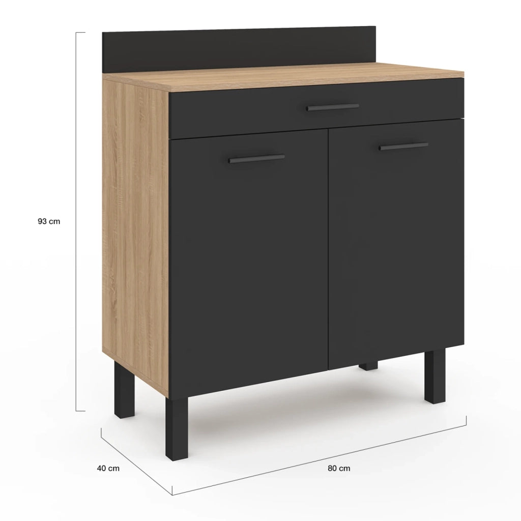 IDMarket - Cassettiera bassa CINA 80 cm, piano di lavoro H.83 cm, 2 ante + cassetto, finitura faggio e nero
