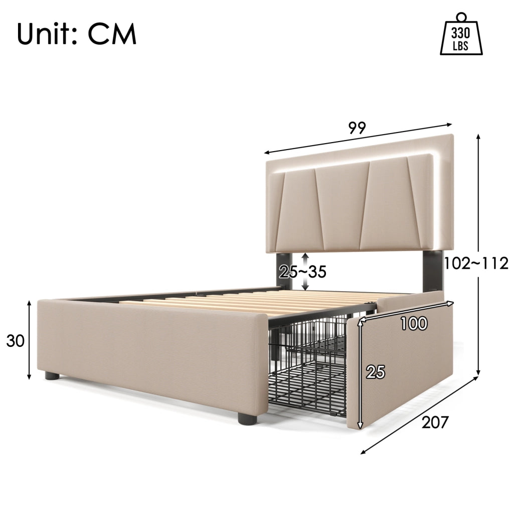 Letto singolo 90x200 cm con LED e 2 cassetti; testiera regolabile; beige