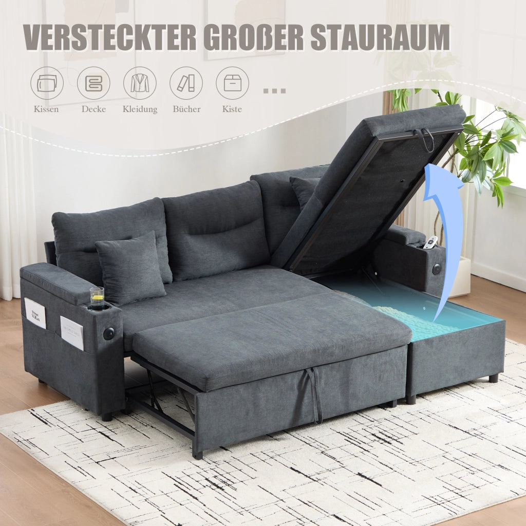 DIVANO 3 posti 212,5x136x86 cm Grigio Scuro in lino con chaise longue e letto estraibile