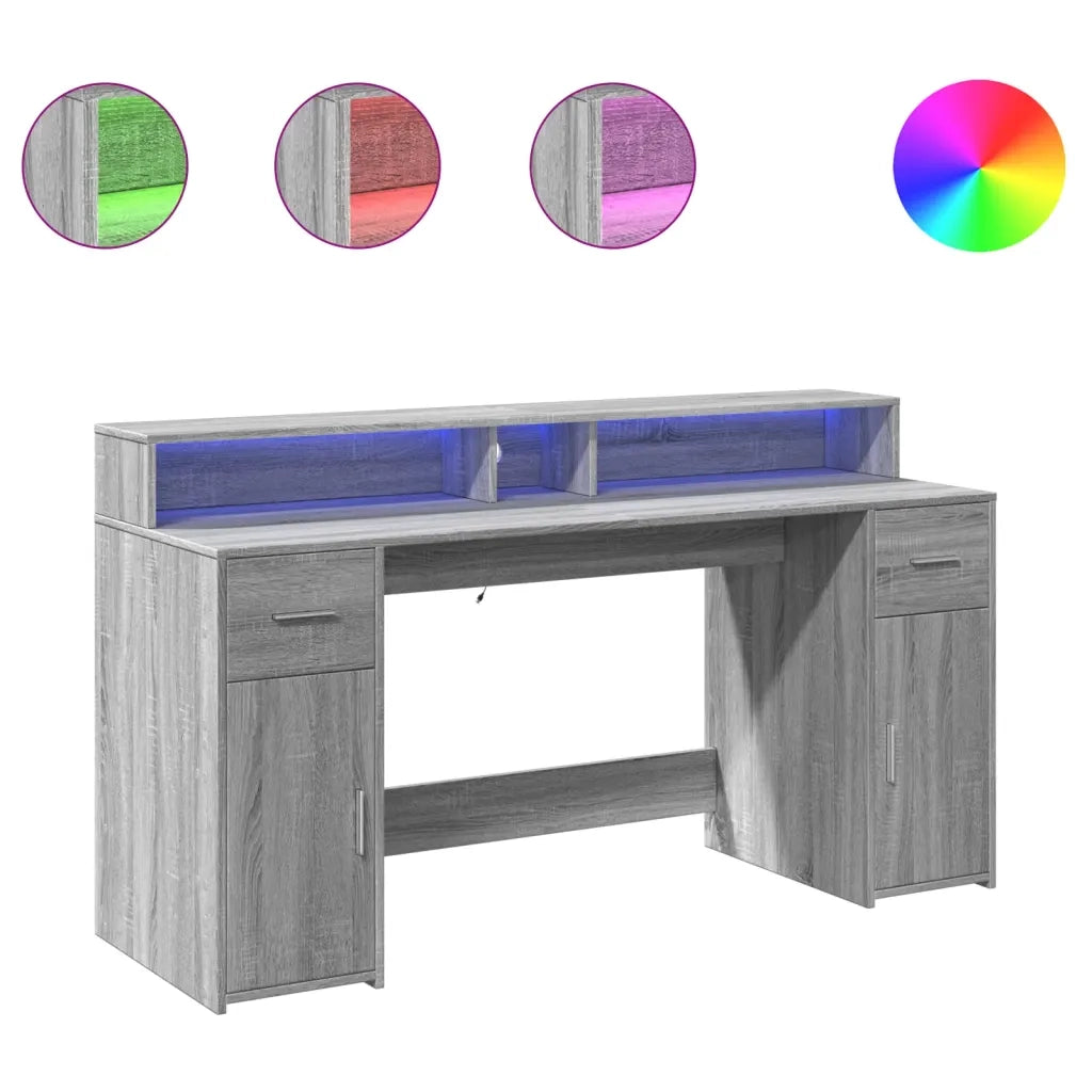 Scrivania con Luci LED Grigio Sonoma 160x55x91cm in Multistrato