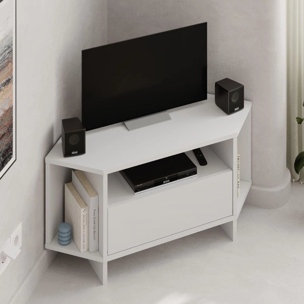 Porta tv angolare Viva con nicchie a giorno in colore bianco