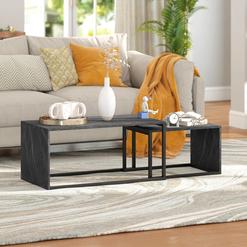 Set 2 tavolini caff¨¨ impilabili ¨C Xylo ¨C metallo nero effetto marmo grigio