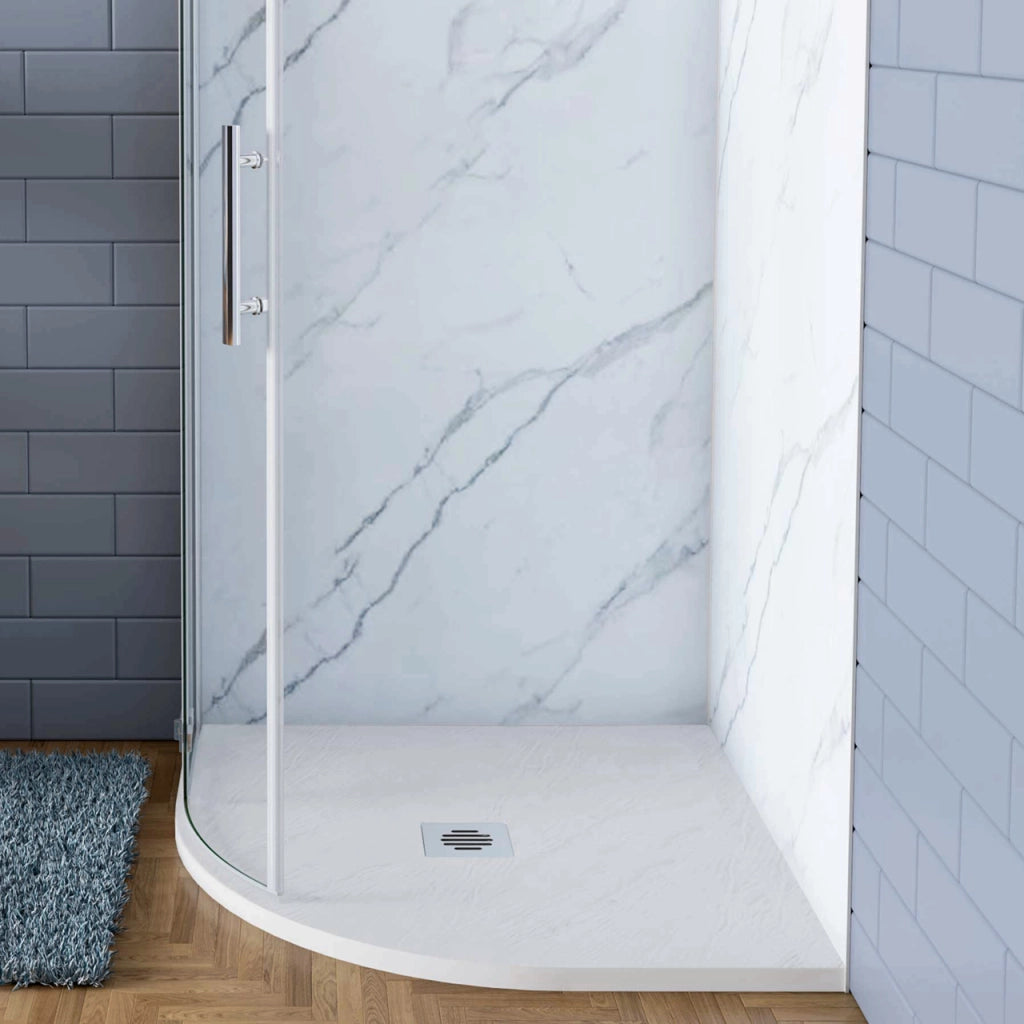 Piatto Doccia Semicircolare Bianco 80x80x3 cm in Minerale e Mesina Mista Effetto Ardesia Ruvido Piletta e Tubo inclusi