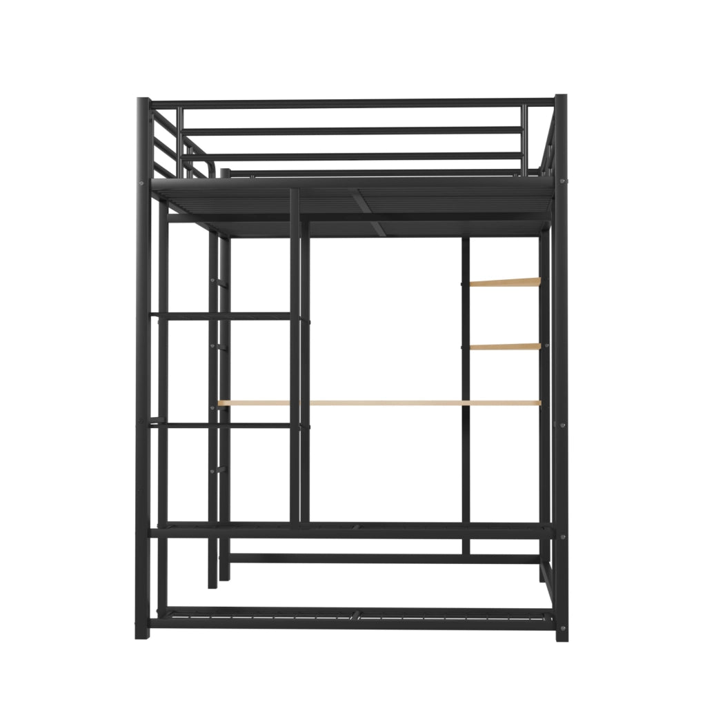 Letto a soppalco in metallo 140x200 cm con scrivania; armadio e ripiani; nero