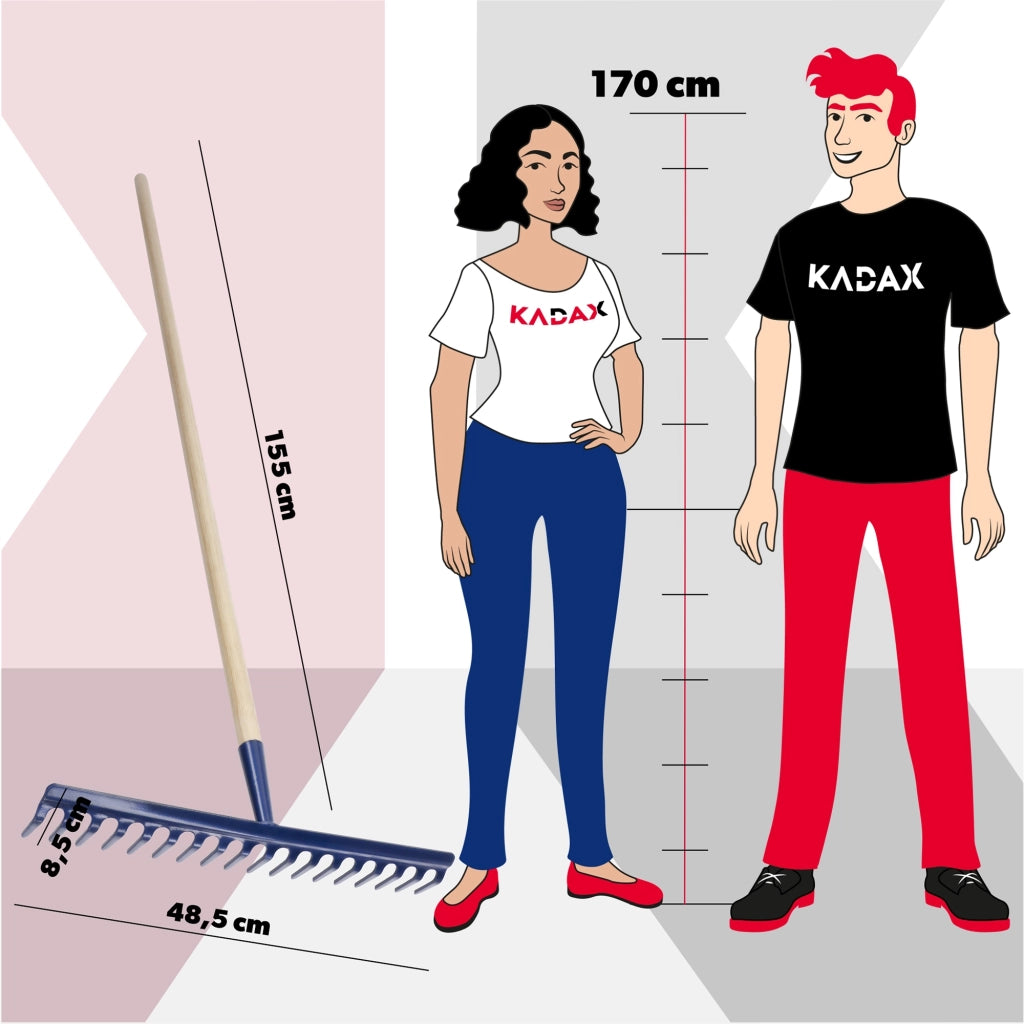 Rastrello da giardino KADAX con manico in legno, lunghezza 150 cm, denti in acciaio temprato, 18 denti.