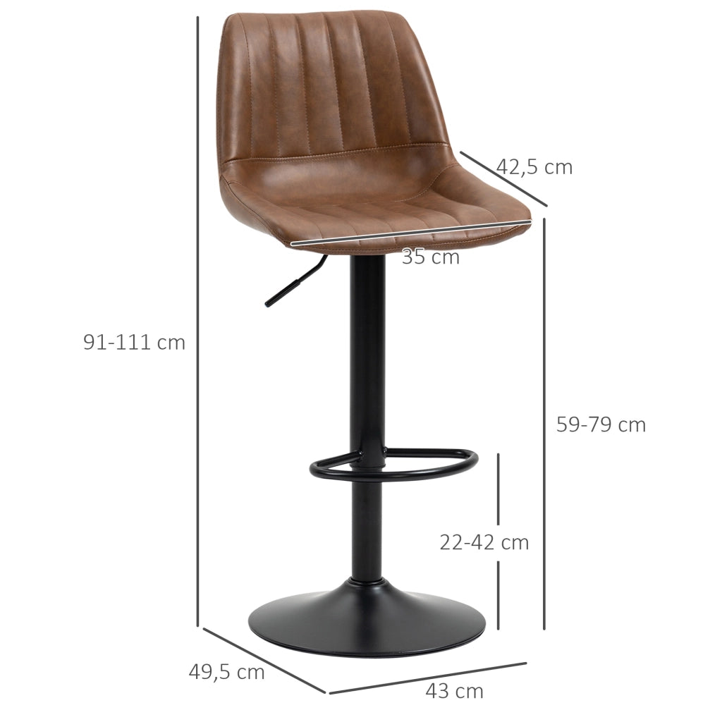 Set di 2 sgabelli da bar vintage regolabili in altezza, in ecopelle marrone, con schienale e poggiapiedi