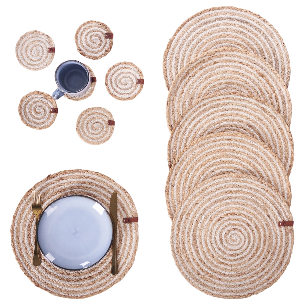 Set di 12 tovagliette e sottobicchieri rotondi in iuta naturale fatti a mano da 35/10 cm stile boho naturale