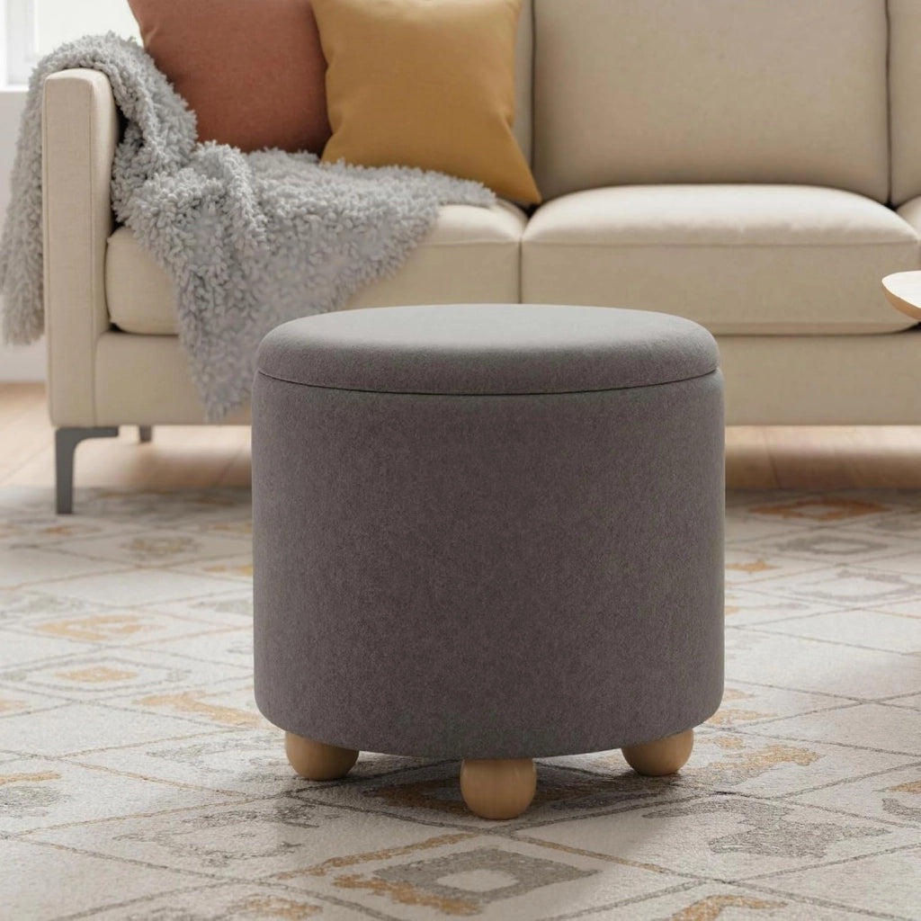 Pouf Contenitore 35 L, Ottomano in Tessuto Ciniglia con Coperchio Rimovibile, Sgabello con Gambe in Legno di Gomma, Portata 150 kg, per Soggiorno e Camera da Letto (Grigio)