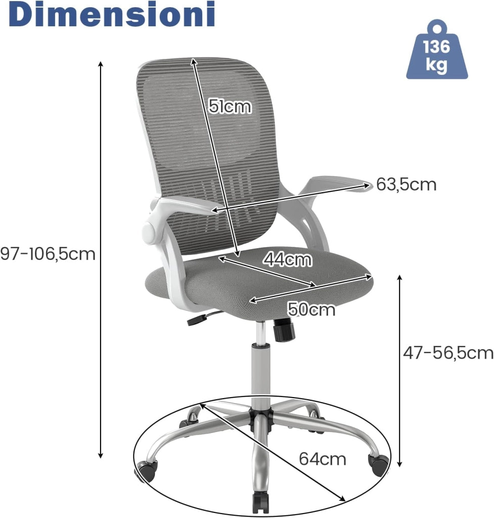 Sedia da Ufficio, Poltrona Ergonomica in Rete Traspirante con Braccioli Reclinabili, Poltrona da Scrivania Girevole Regolabile in Altezza con Ruote