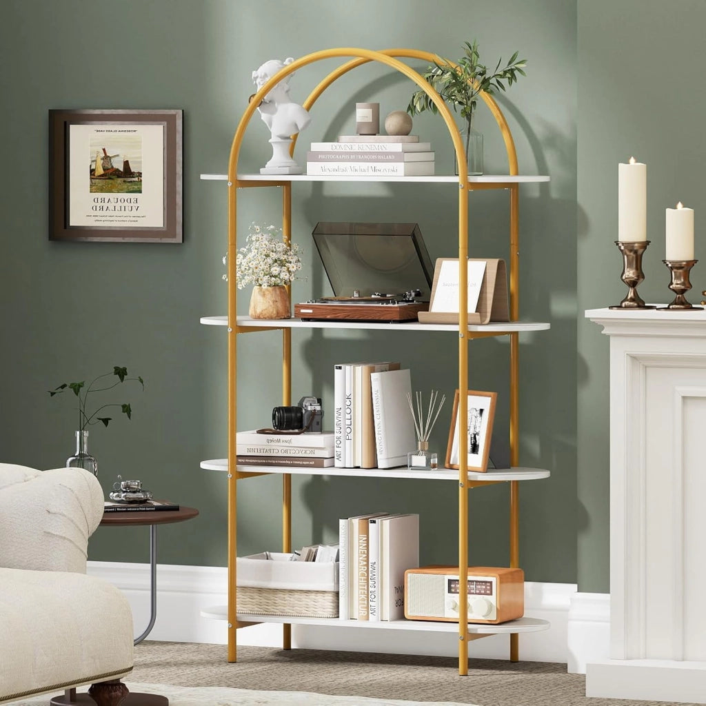 Libreria a Forma di Arco a 4 Ripiani, Scaffale Portaoggetti Aperta con Struttura Metallica, Organizer Espositivo Autoportante per Soggiorno, Ufficio e Camera da Letto, 95x34x156cm (Bianco)