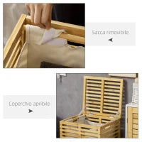 Cesto Portabiancheria in Bambù con Coperchio e Sacca in Poliestere Removibile e Lavabile, 44x37x62.5 cm, color Legno