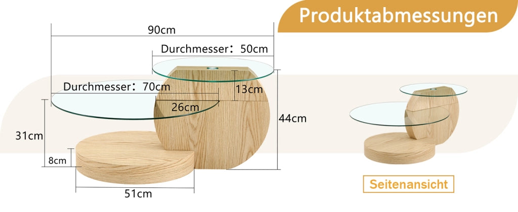 TAVOLINO da caffè a 2 livelli Ø50/70 cm Vetro Trasparente e MDF effetto legno