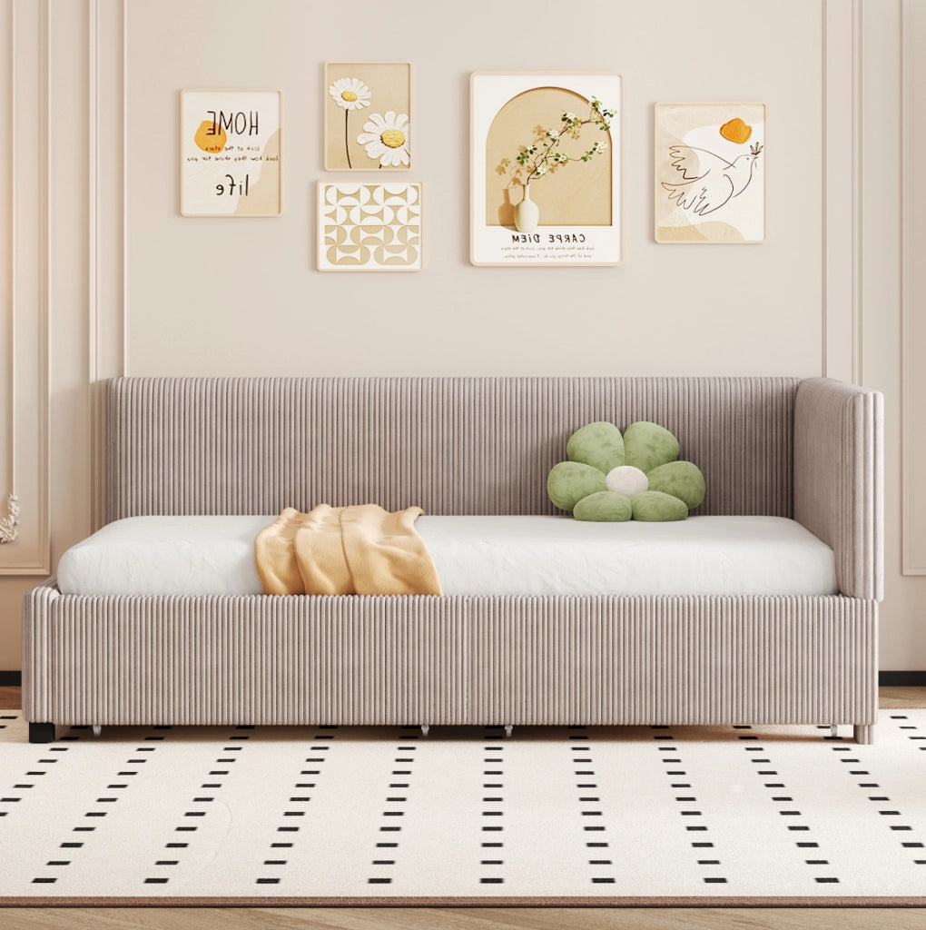 Divano letto 90x200 cm con 2 cassetti; rete a doghe; velluto grigio