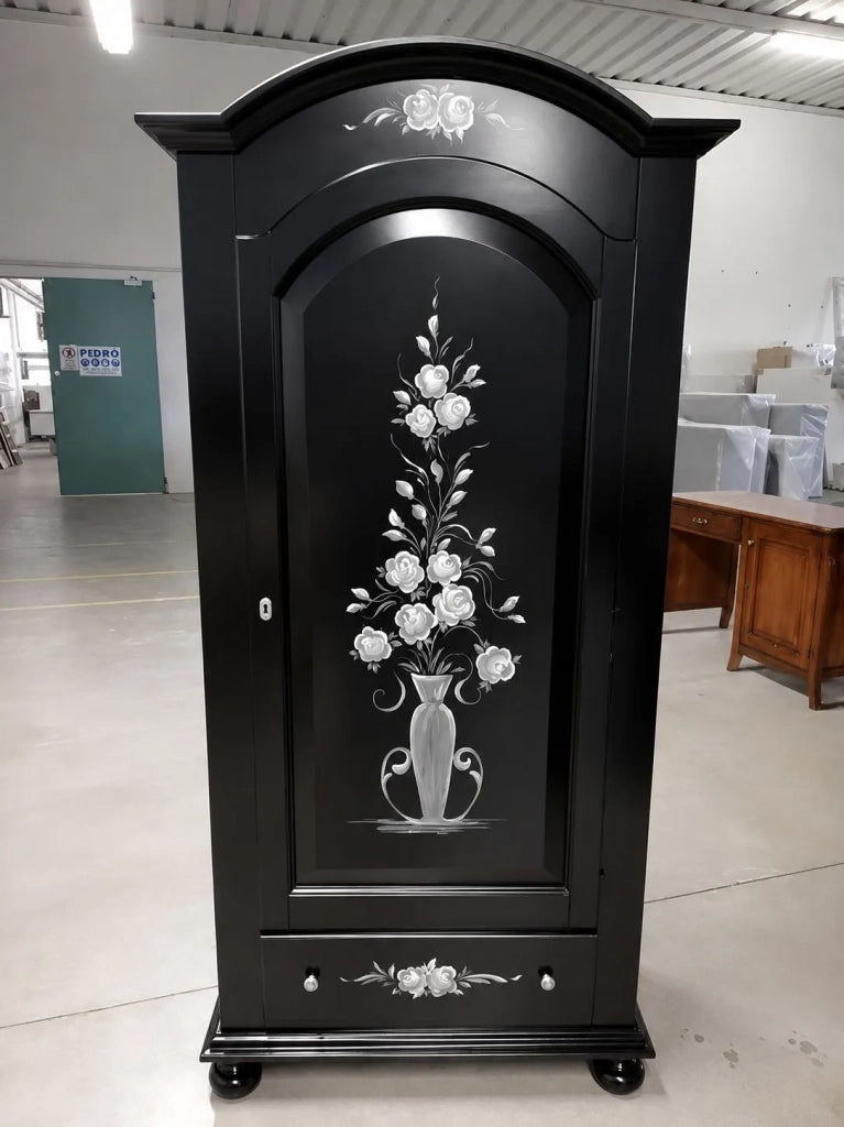 Armadio shabby chic 1 porta legno nero opaco decori floreali 96x56x196 - Mobili 2G