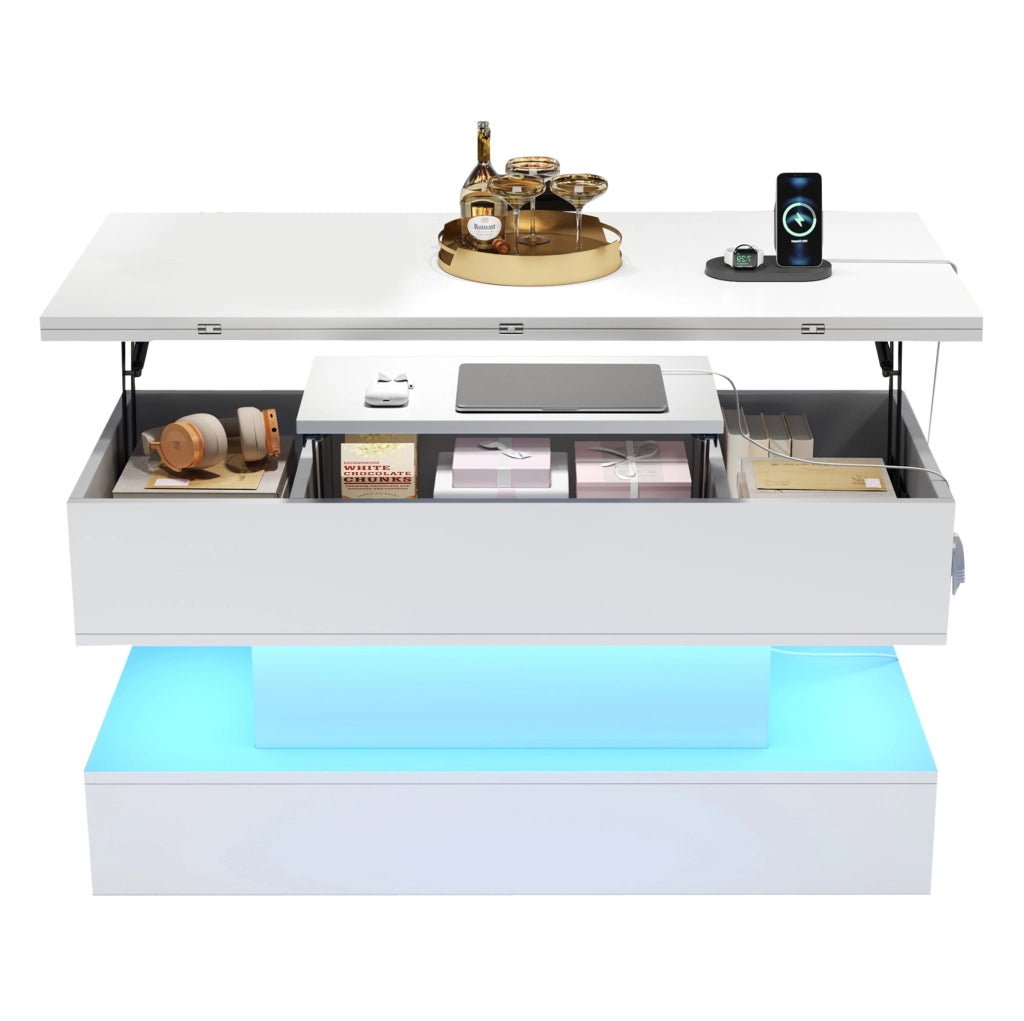 Tavolino da salotto sollevabile con contenitore e presa USB; 100 x 50 x 51;5 cm; bianco