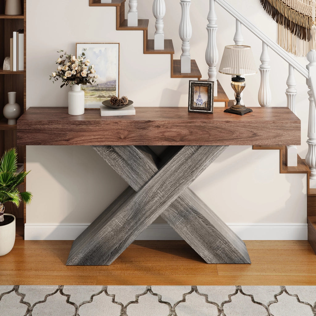Consolle con struttura a croce a X e piano in truciolare, per ingresso e soggiorno, noce, 140 × 30 × 80 cm