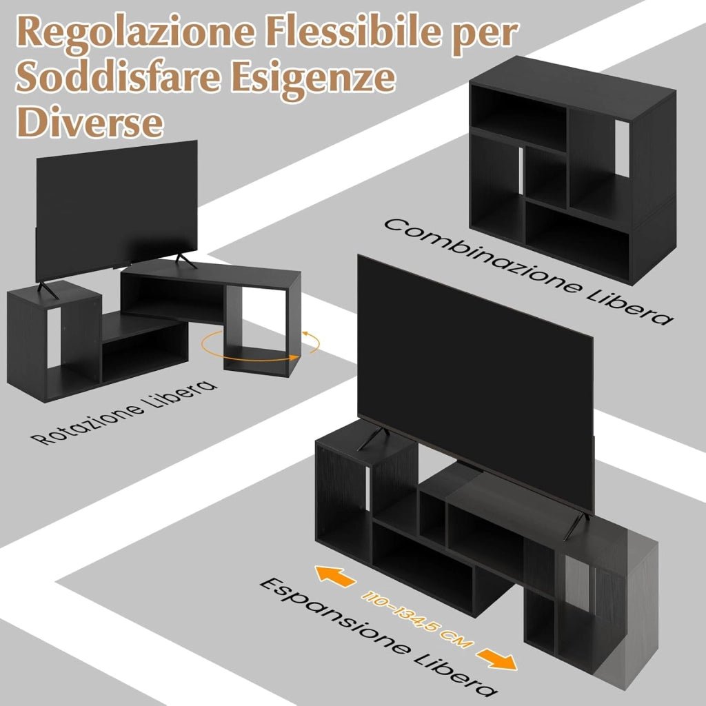 Mobile Porta TV Combinabile a 2 Pezzi, per TV Fino a 60'', Mobile TV a Angolo Soggiorno in Legno, con 4 Vani Aperti, Tavolo Media TV Multifunzionale, per Soggiorno, Camera da Letto (Nero)