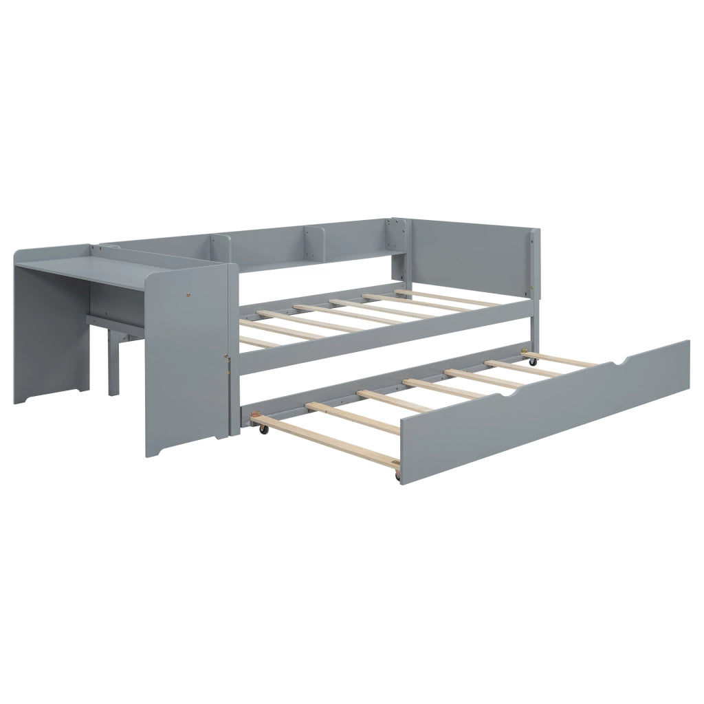 OKWISH Letto Bambini 90×200 cm, Letto Singolo con Letto Estraibile, Scrivania e 3 Ripiani, senza Materasso, in Pino e MDF, Grigio