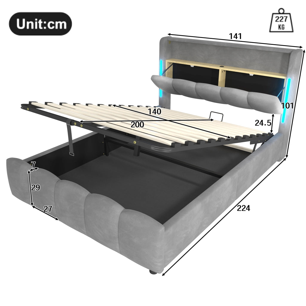 OKWISH Letto Contenitore 140×200 cm, Letto Matrimoniale con LED Regolabile, USB, Tipo C e Vano Contenitore in Testiera, senza Materasso, Velluto, Grigio