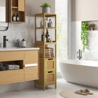 kleankin Mobile Colonna da Bagno con 3 Ripiani 2 Cassetti, 30L x 30l x 144H cm, Bambù