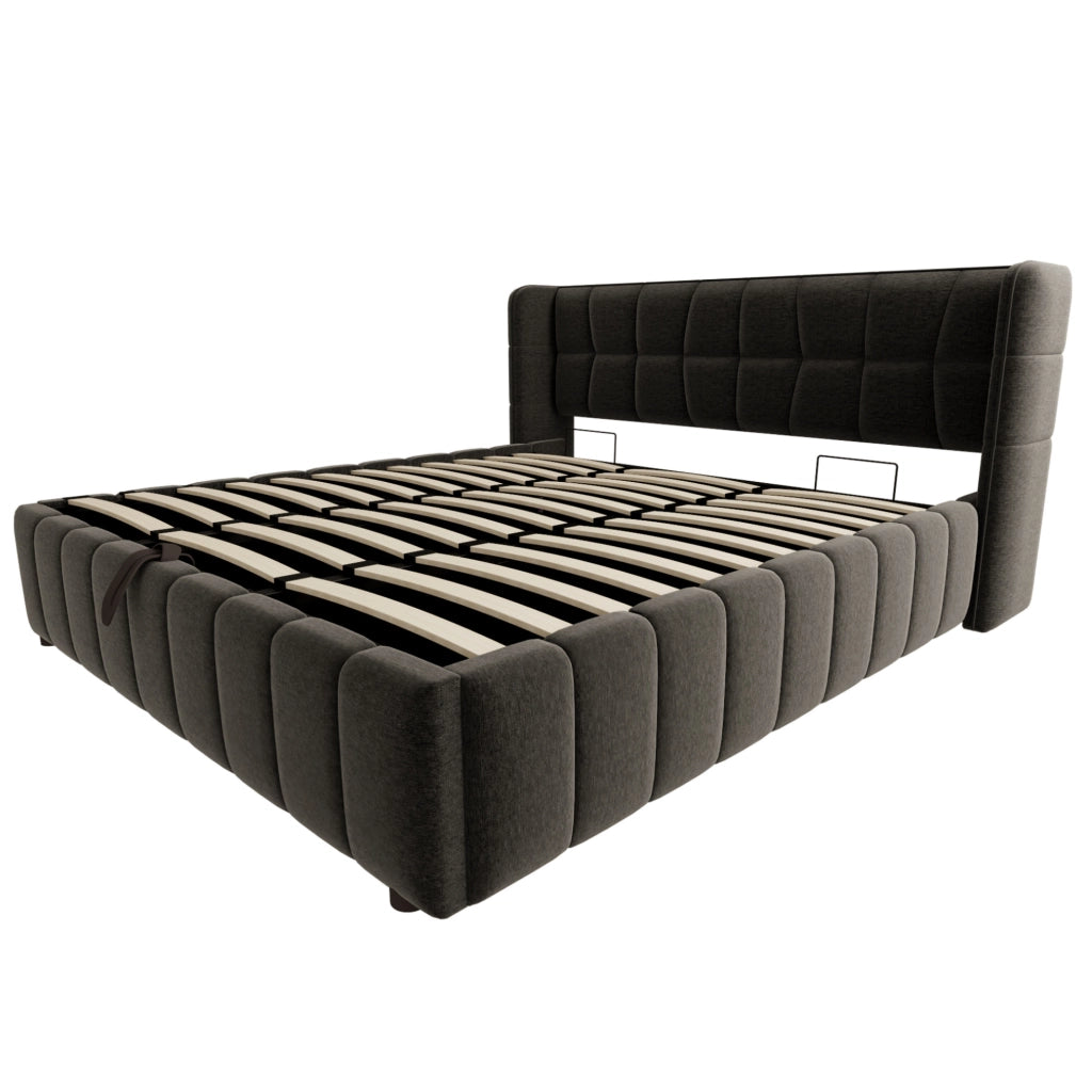 Letto matrimoniale imbottito ULEVR 180x200 cm con contenitore sollevabile e rete a doghe, grigio