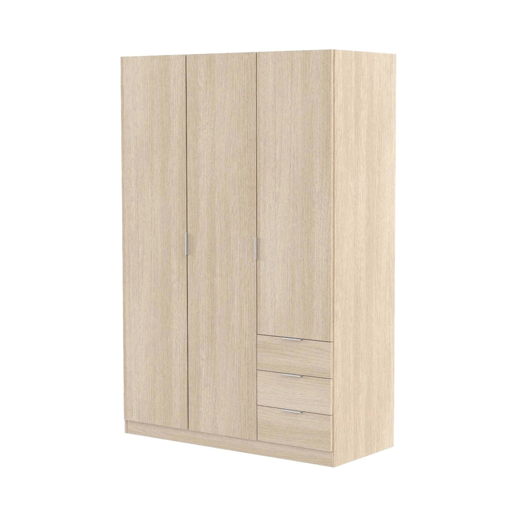 Guardaroba Astuzzia, Armadio per camera da letto a 3 ante e 3 cassetti, Mobile con 3 ripiani e barra appendiabiti, cm 121x52h180, Rovere
