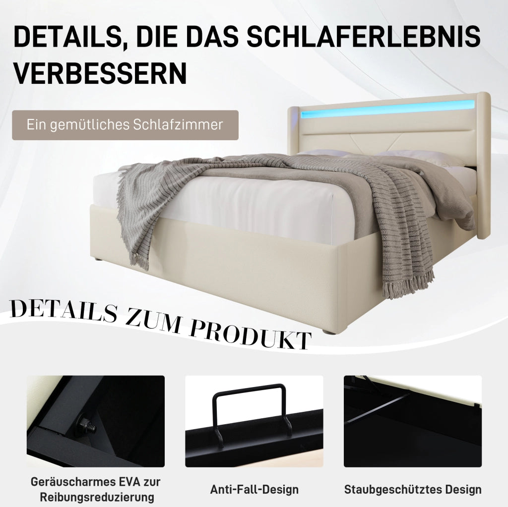Letto contenitore imbottito 160x200 cm in PU bianco con LED