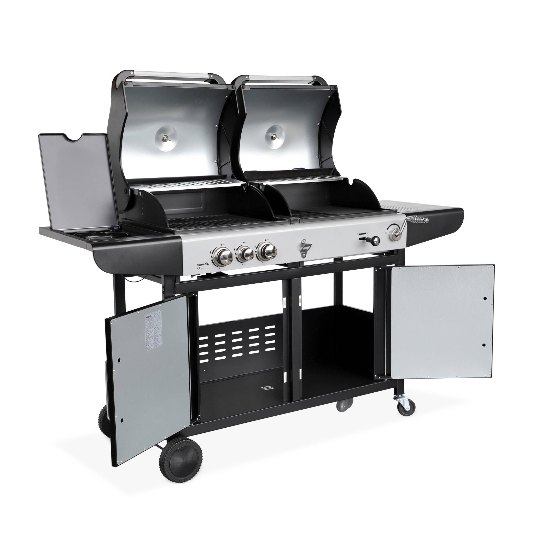 Barbecue a gas 2 in 1, 3 bruciatori + 1 fuoco laterale, nero