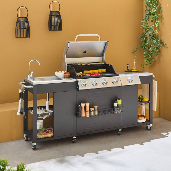 Barbecue a gas a 5 fuochi con 1 bruciatore laterale, nero