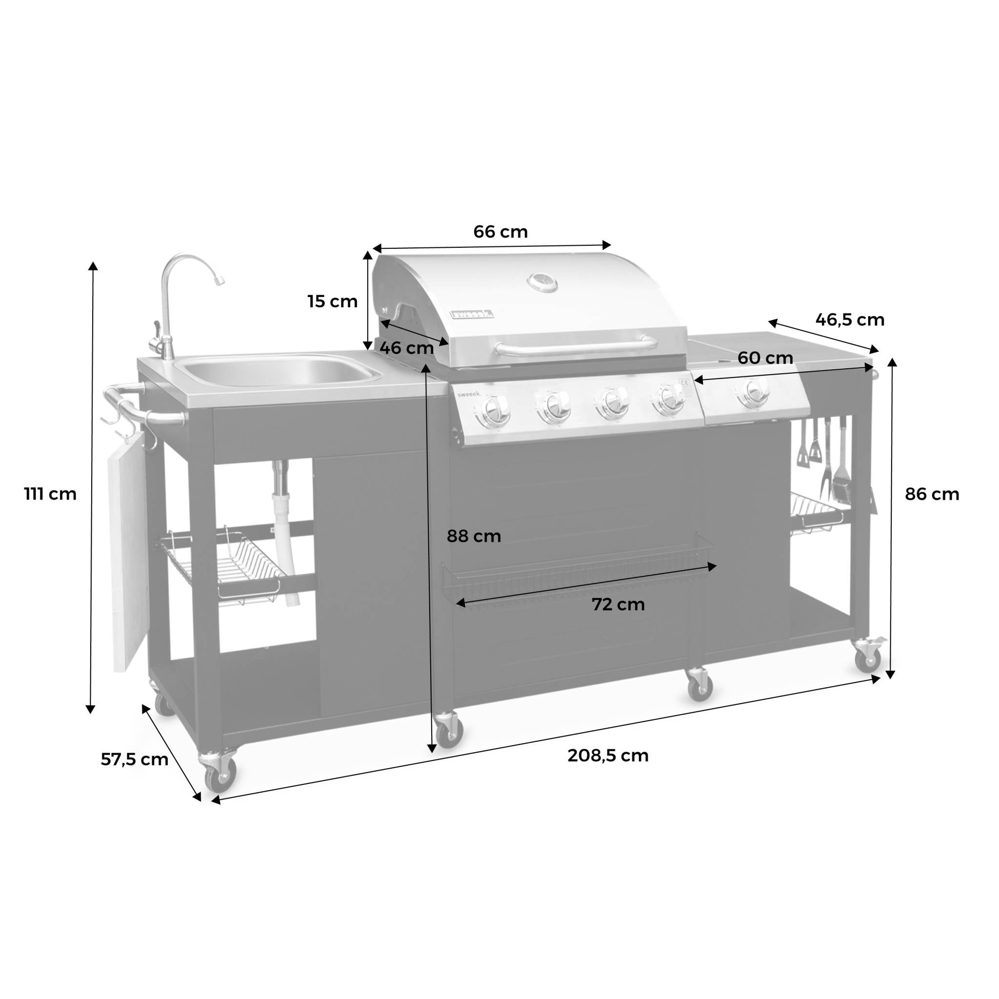 Barbecue a gas a 5 fuochi con 1 bruciatore laterale, nero