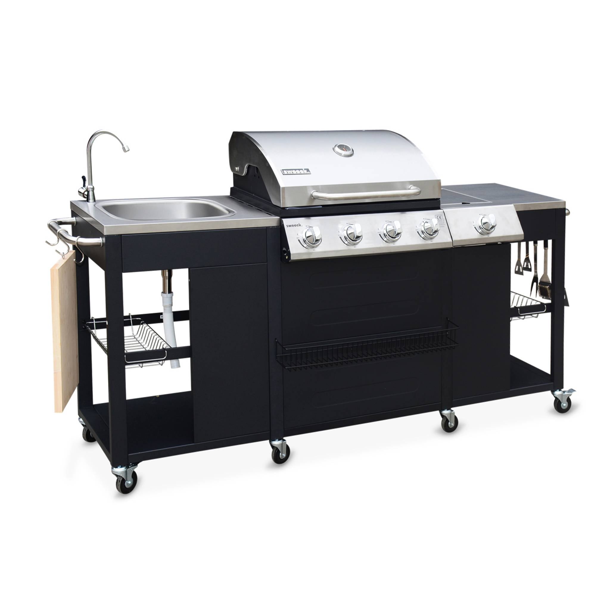 Barbecue a gas a 5 fuochi con 1 bruciatore laterale, nero