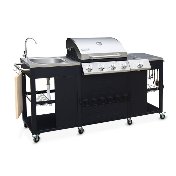 Barbecue a gas a 5 fuochi con 1 bruciatore laterale, nero