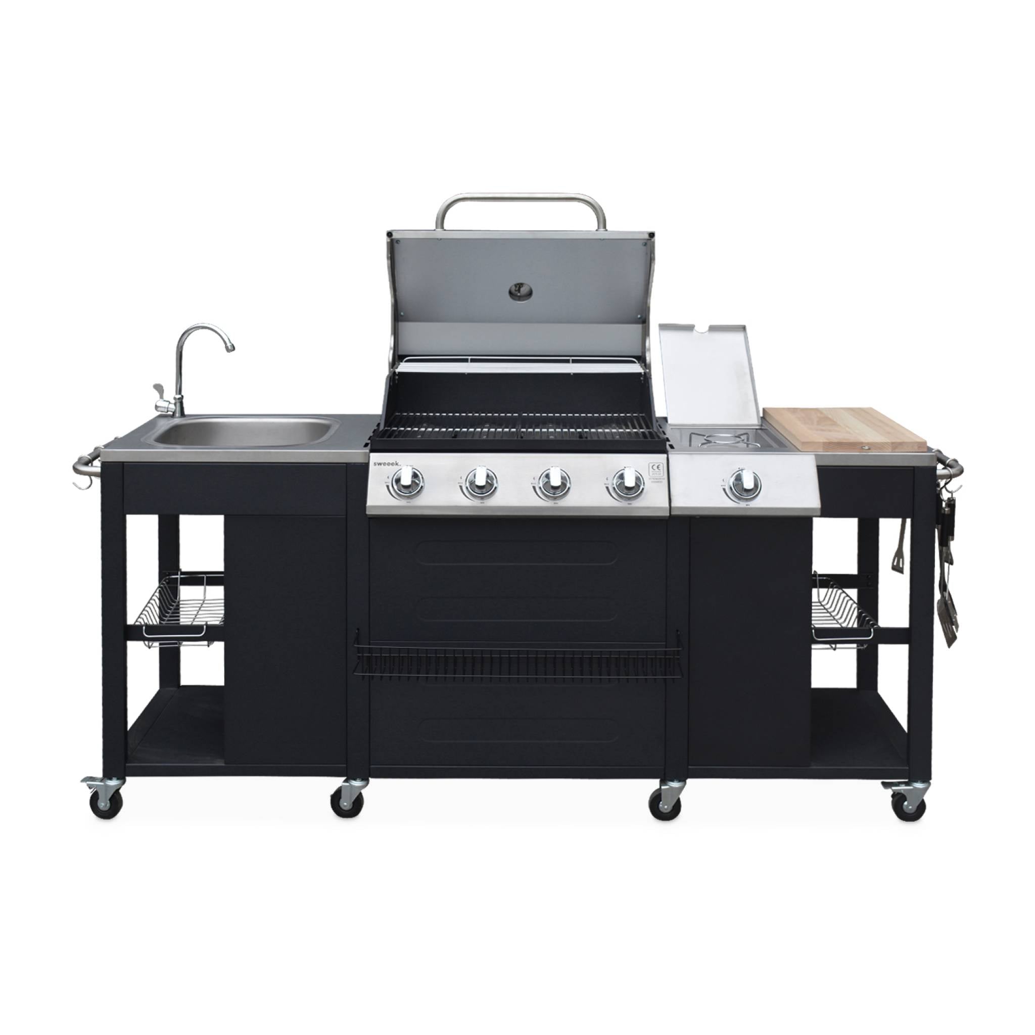 Barbecue a gas a 5 fuochi con 1 bruciatore laterale, nero