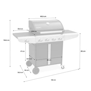 Barbecue a gas a 5 fuochi con 1 bruciatore laterale, nero