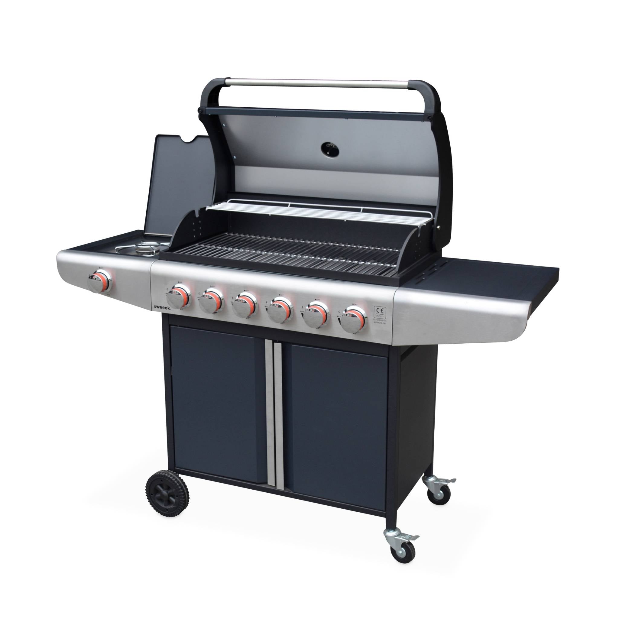 Barbecue a gas con 7 bruciatori di cui 1 laterale, nero