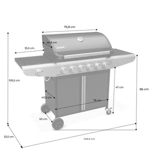 Barbecue a gas con 7 bruciatori di cui 1 laterale, nero