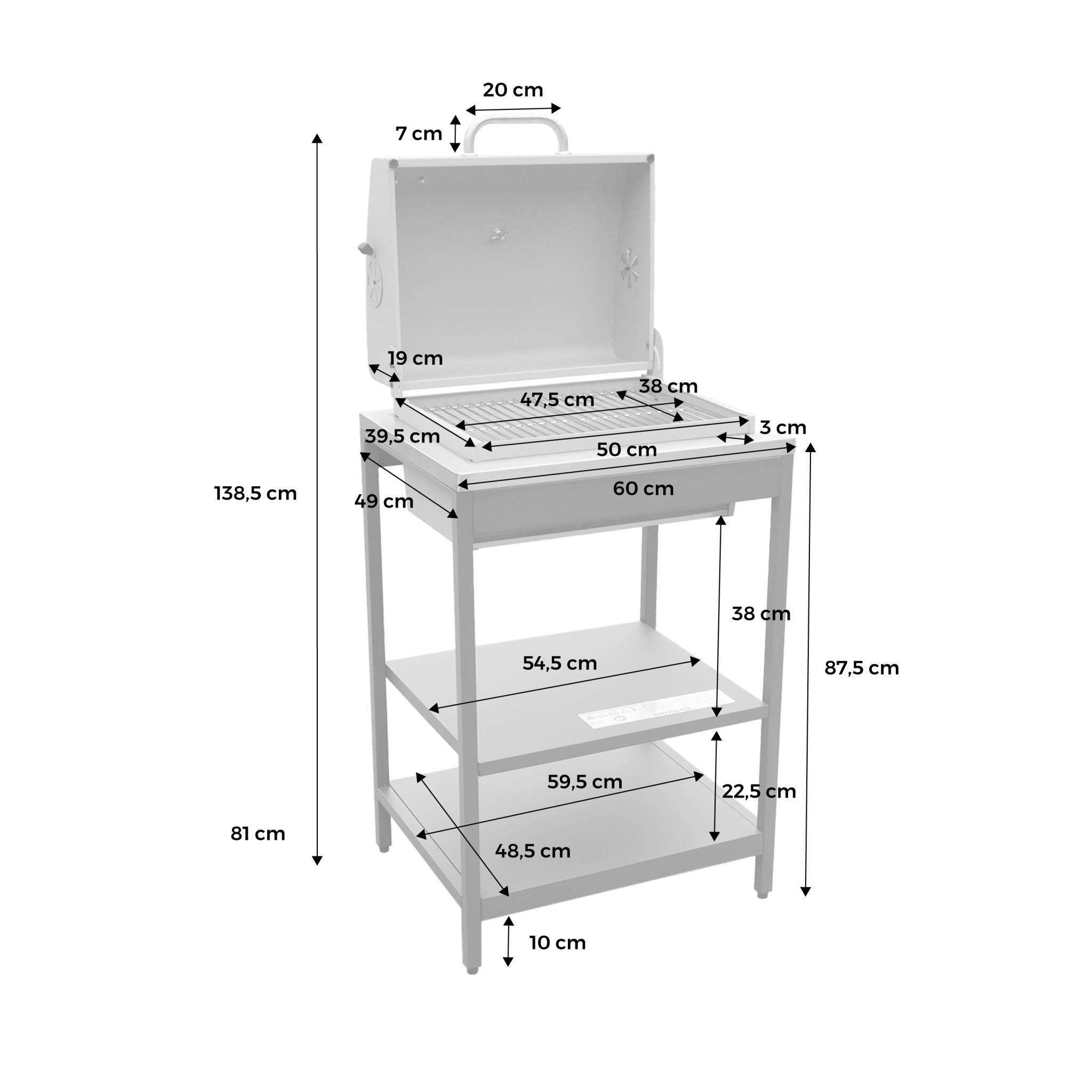Mobile e barbecue a carbone in acciaio inossidabile con griglia