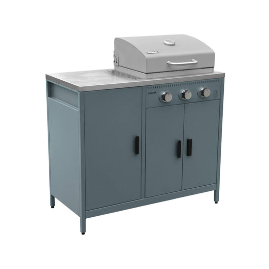 Barbecue a gas 3 bruciatori, 3 ante, 2 spazi di stoccaggio, blu grigio