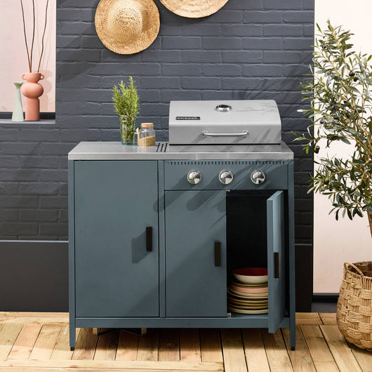 Barbecue a gas 3 bruciatori, 3 ante, 2 spazi di stoccaggio, blu grigio