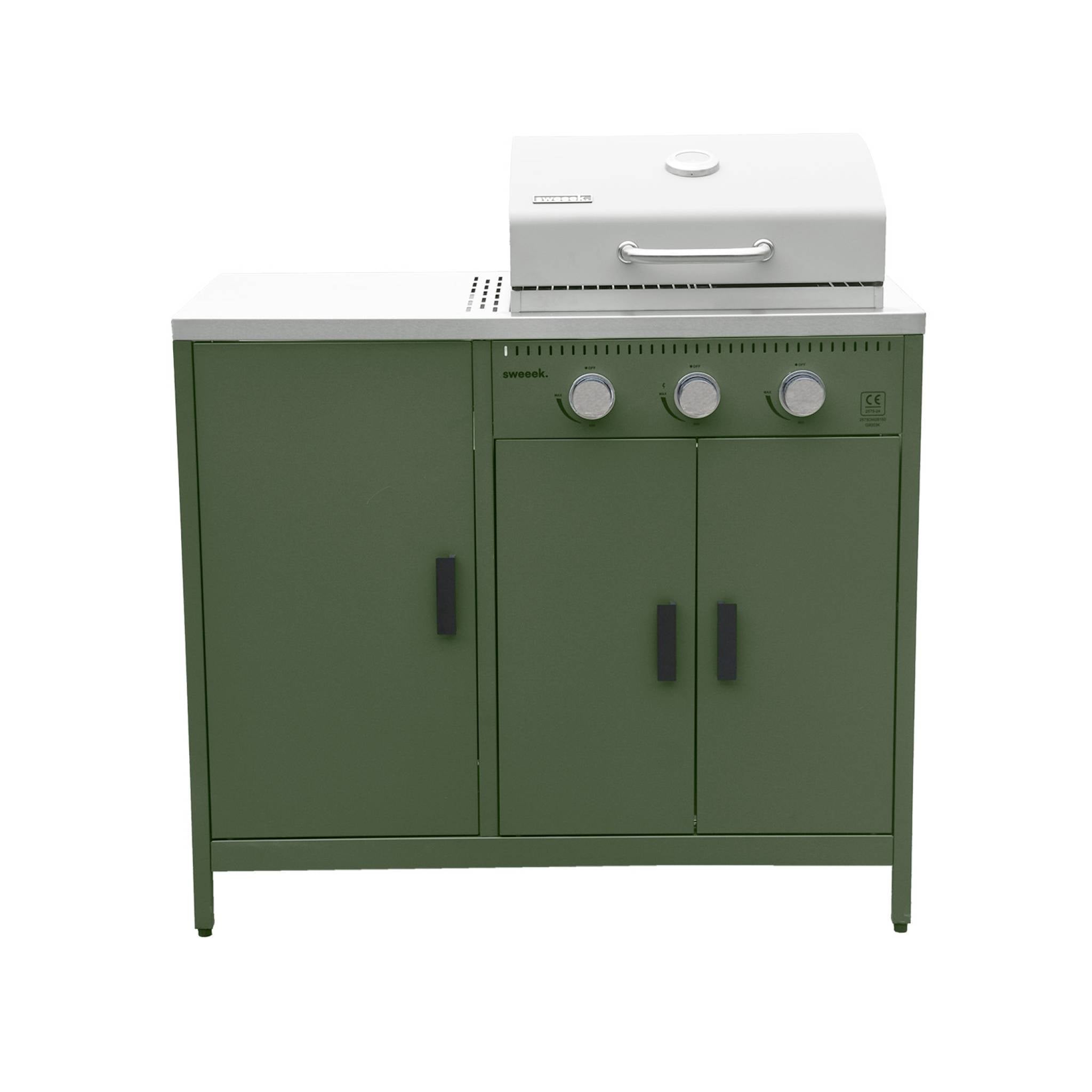 Barbecue a gas 3 bruciatori, 3 ante, 2 spazi di stoccaggio, verde