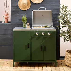 Barbecue a gas 3 bruciatori, 3 ante, 2 spazi di stoccaggio, verde