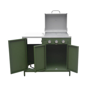 Barbecue a gas 3 bruciatori, 3 ante, 2 spazi di stoccaggio, verde