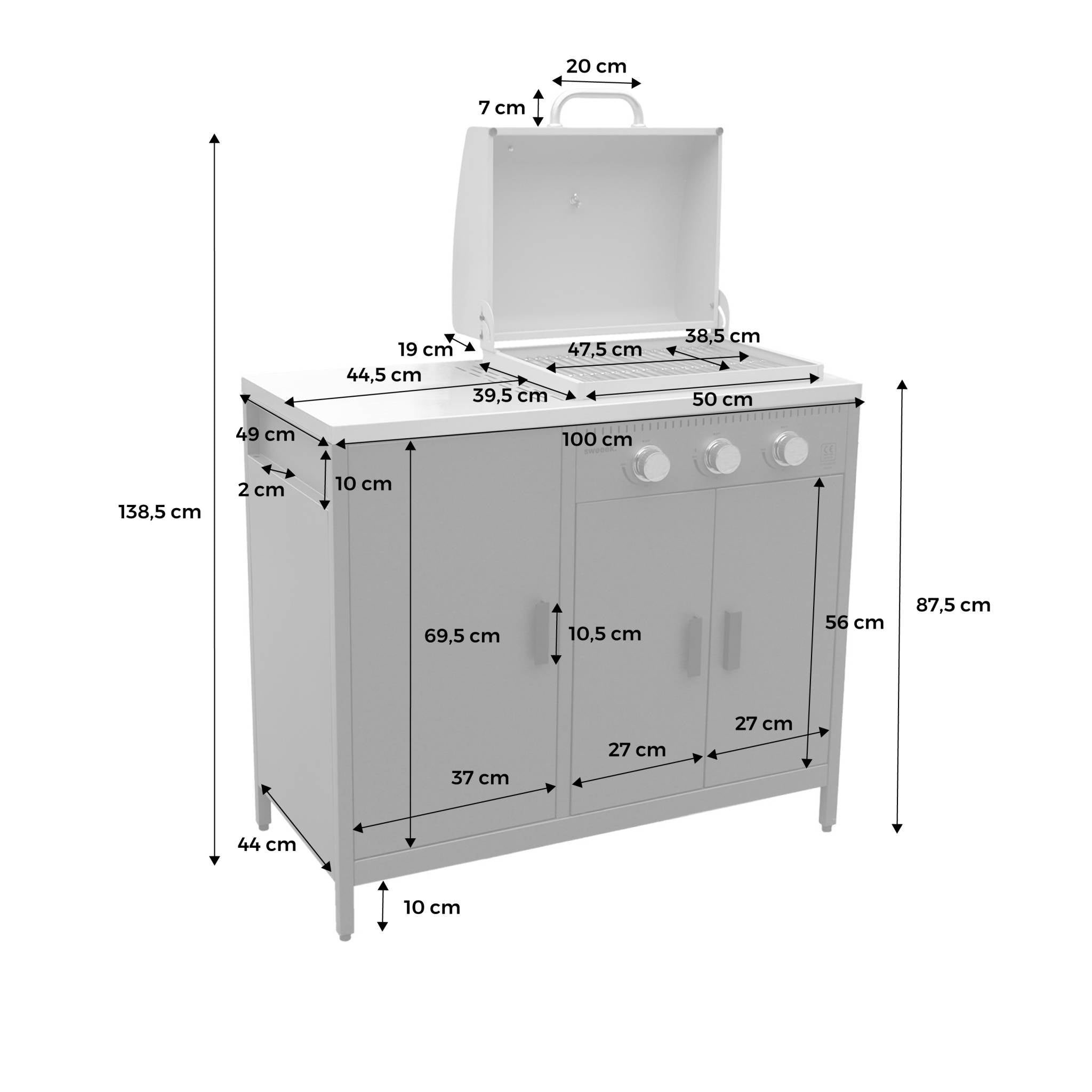 Barbecue a gas 3 bruciatori, 3 ante, 2 spazi di stoccaggio, verde