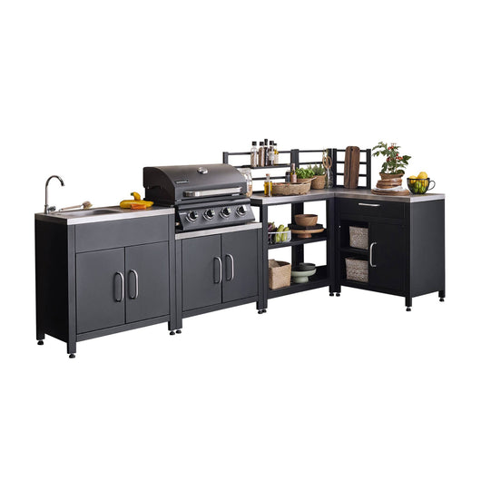 Cucina esterna 5 moduli con barbecue a gas 4 bruciatori, nero
