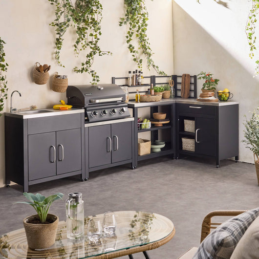 Cucina esterna 5 moduli con barbecue a gas 4 bruciatori, nero