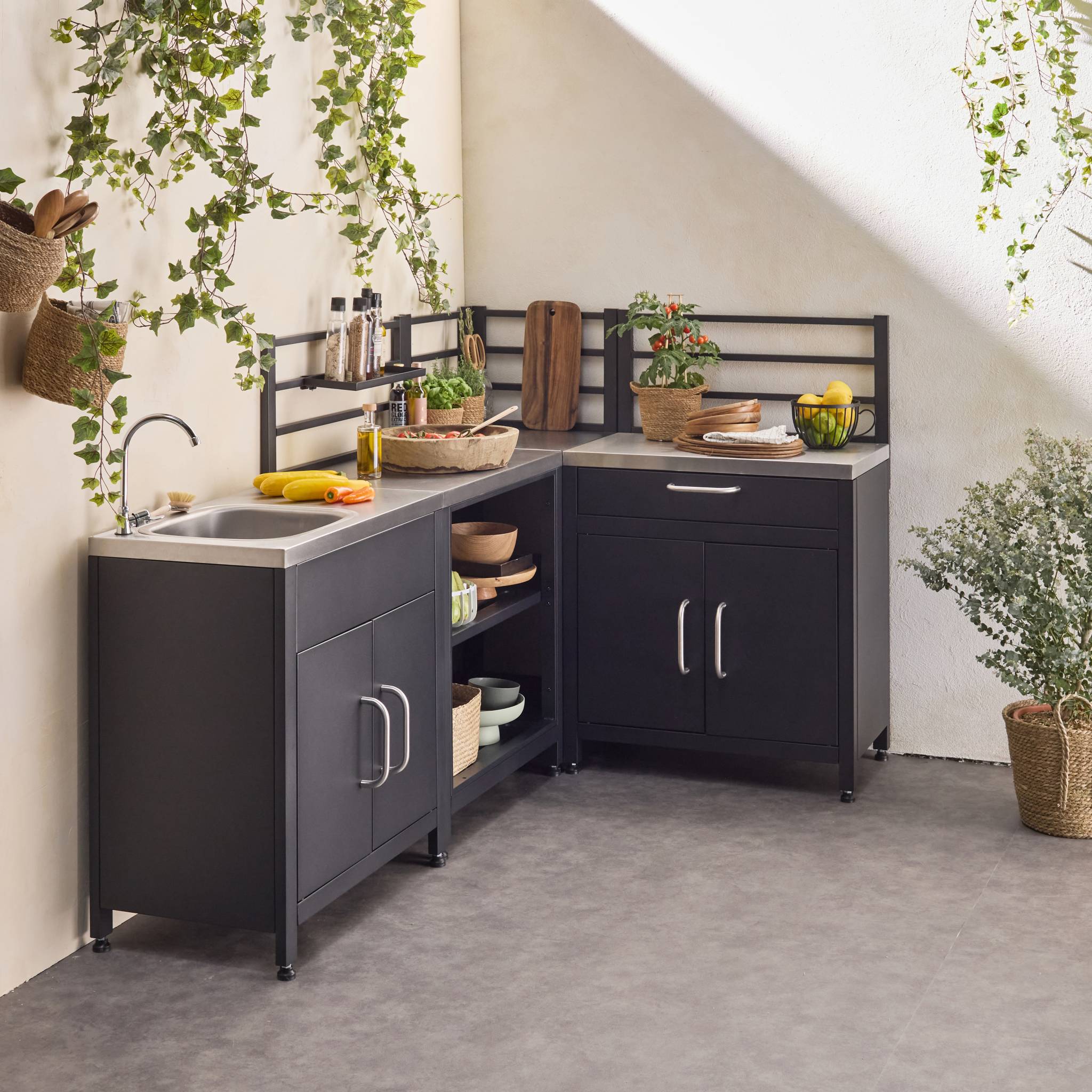 Mobili per cucina da esterno, 4 moduli in acciaio, nero