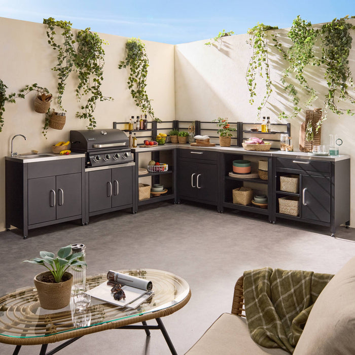 Cucina da esterno, 6 moduli + barbecue a gas, 4 bruciatori, nero