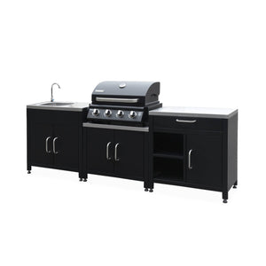 Cucina da esterno, 6 moduli + barbecue a gas, 4 bruciatori, nero